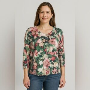 Talbots Garden Party Cardigan M Floral Preppy 3/4 Sleeve Lightweight Sweater